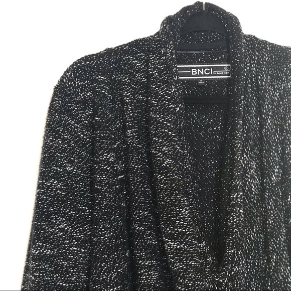 BNCI by Blanc Noir Women's Tweed Drape Front Shawl Collar Cardigan Sweater Black - Picture 8 of 8